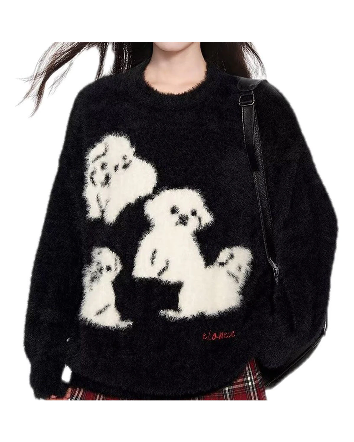 四犬图案黑色绒感针织衫