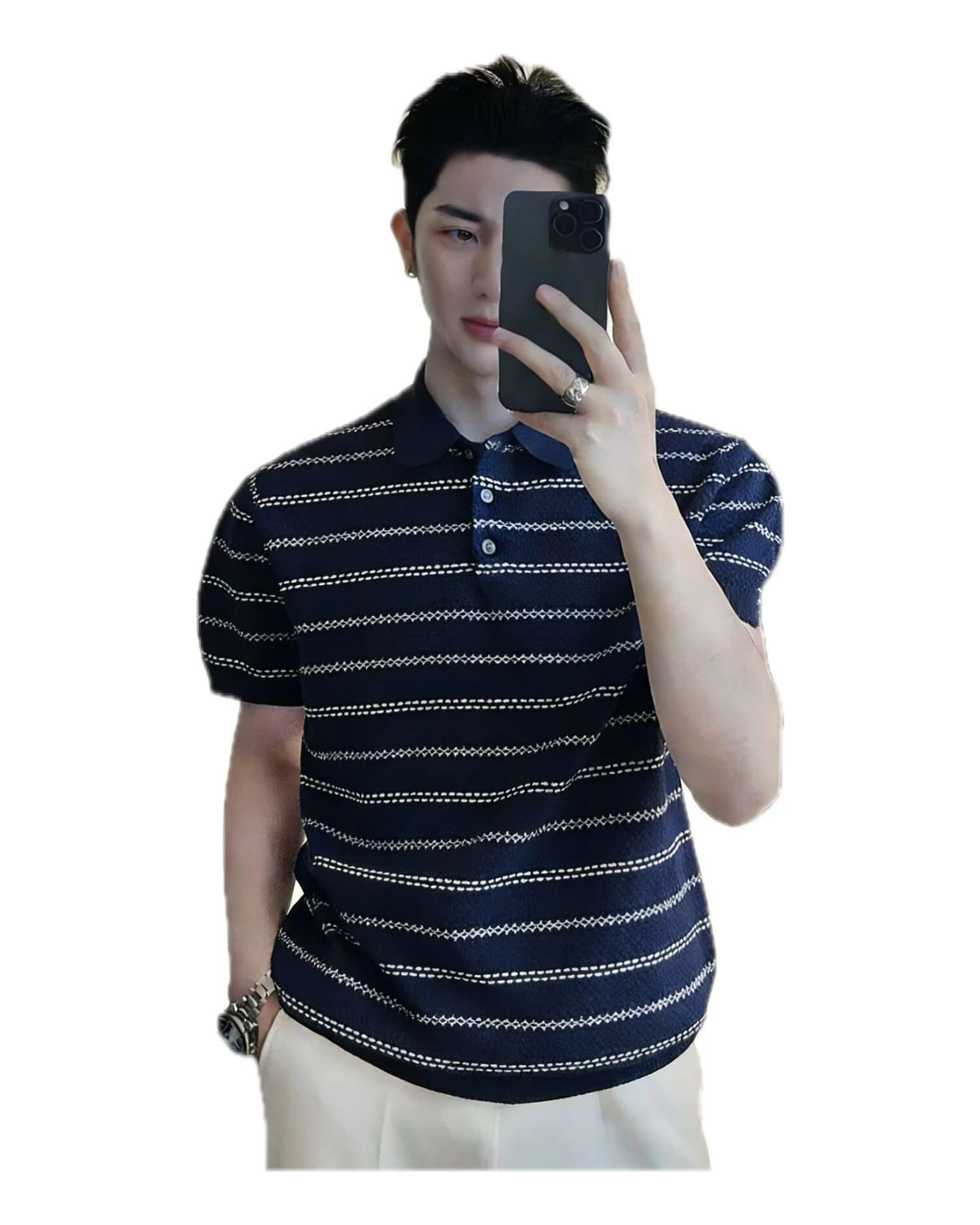 藏青细条纹短袖针织 Polo