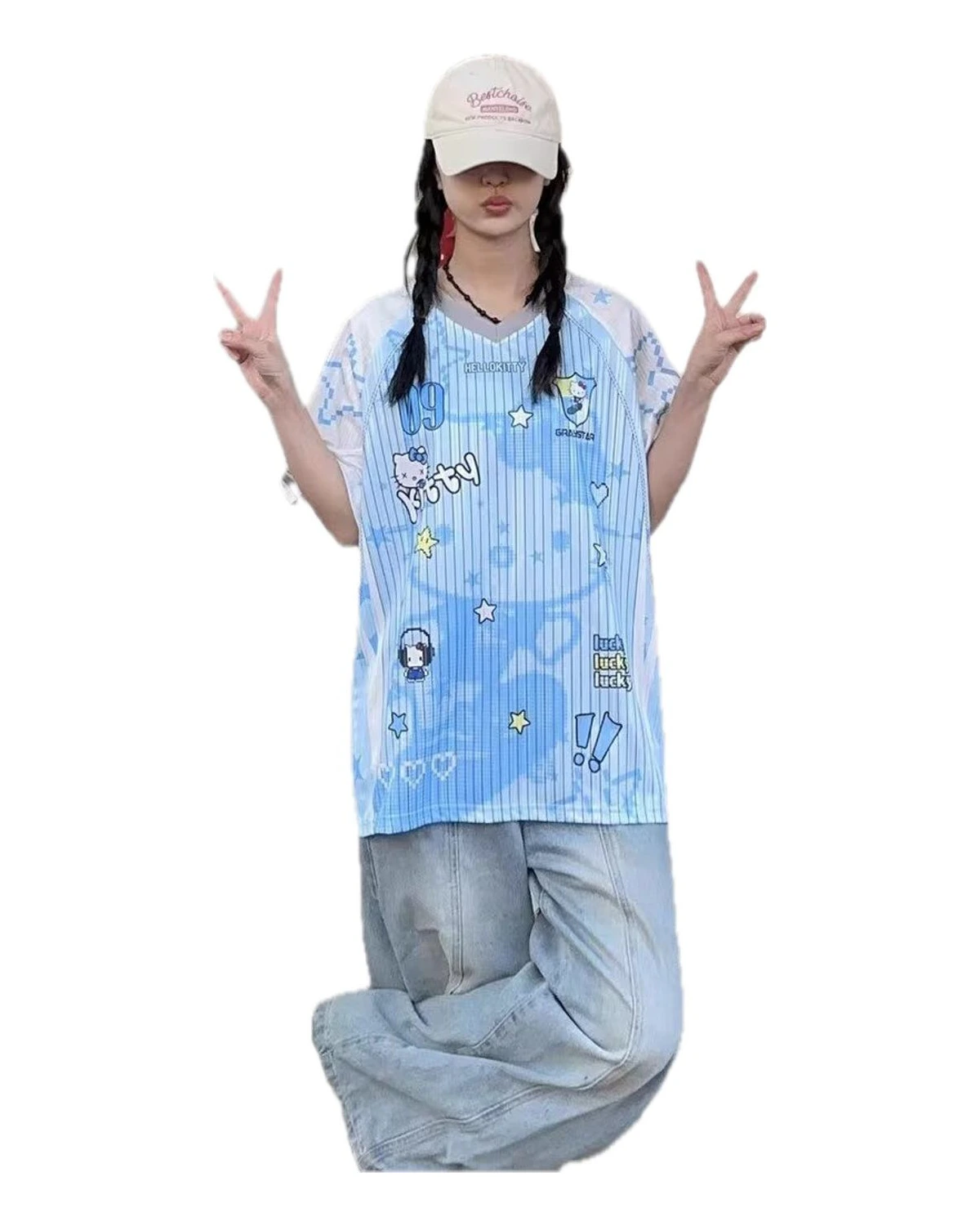 浅蓝插画宽松短袖球衣